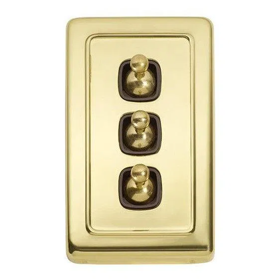 Tradco Switch Flat Plate Toggle 3 Gang Brown Polished Brass W72mm