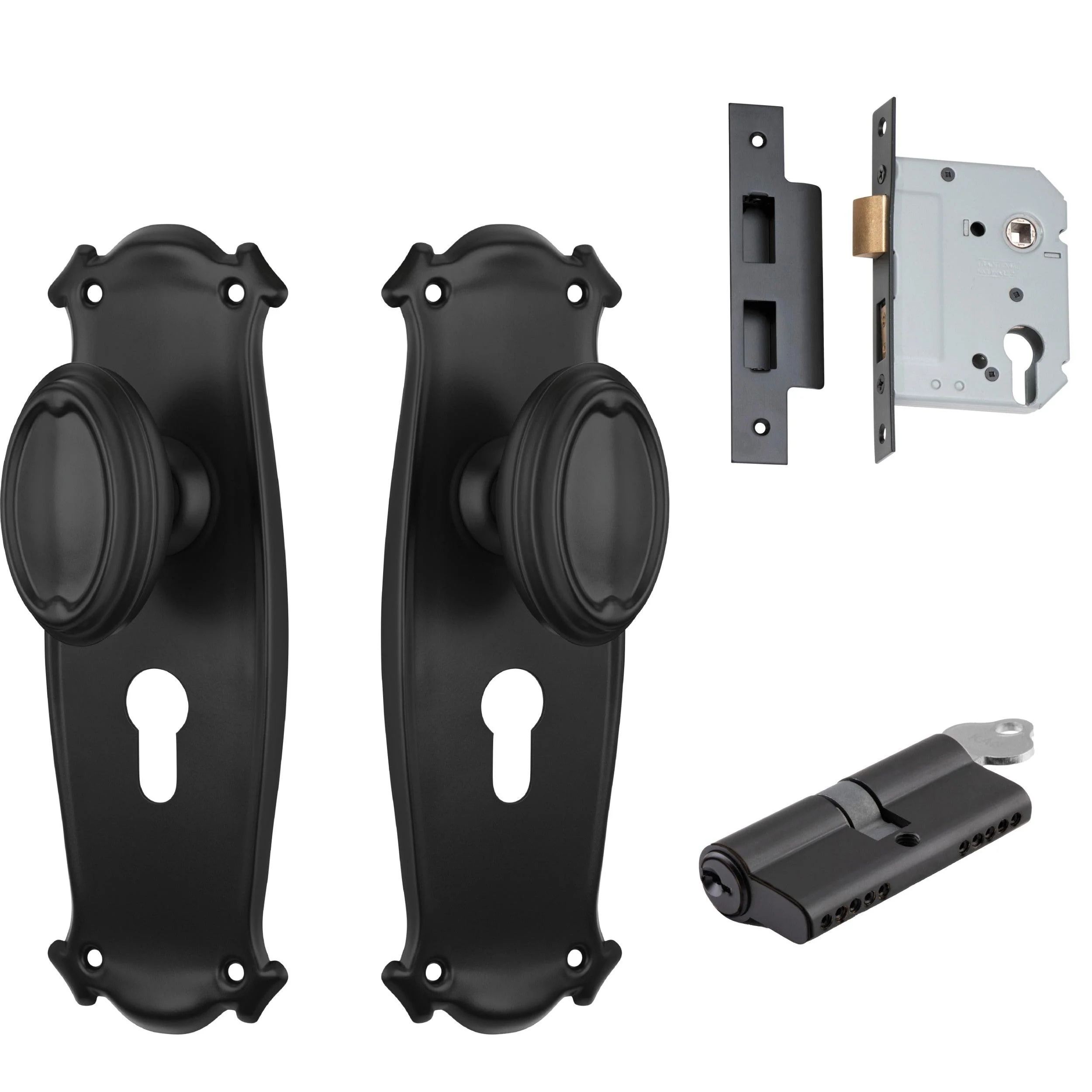 Tradco Door Knob Bungalow Matt Black Key/Key Entrance Set