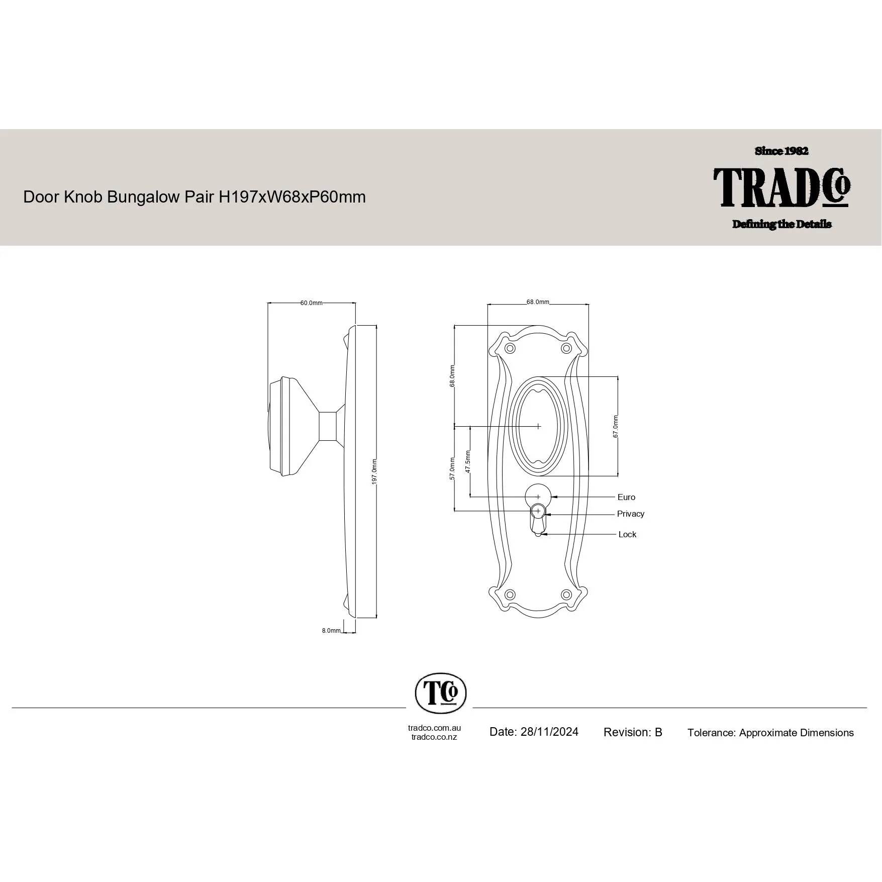 Tradco Door Knob Bungalow Chrome Plated Key/Key Entrance Set - Image 3
